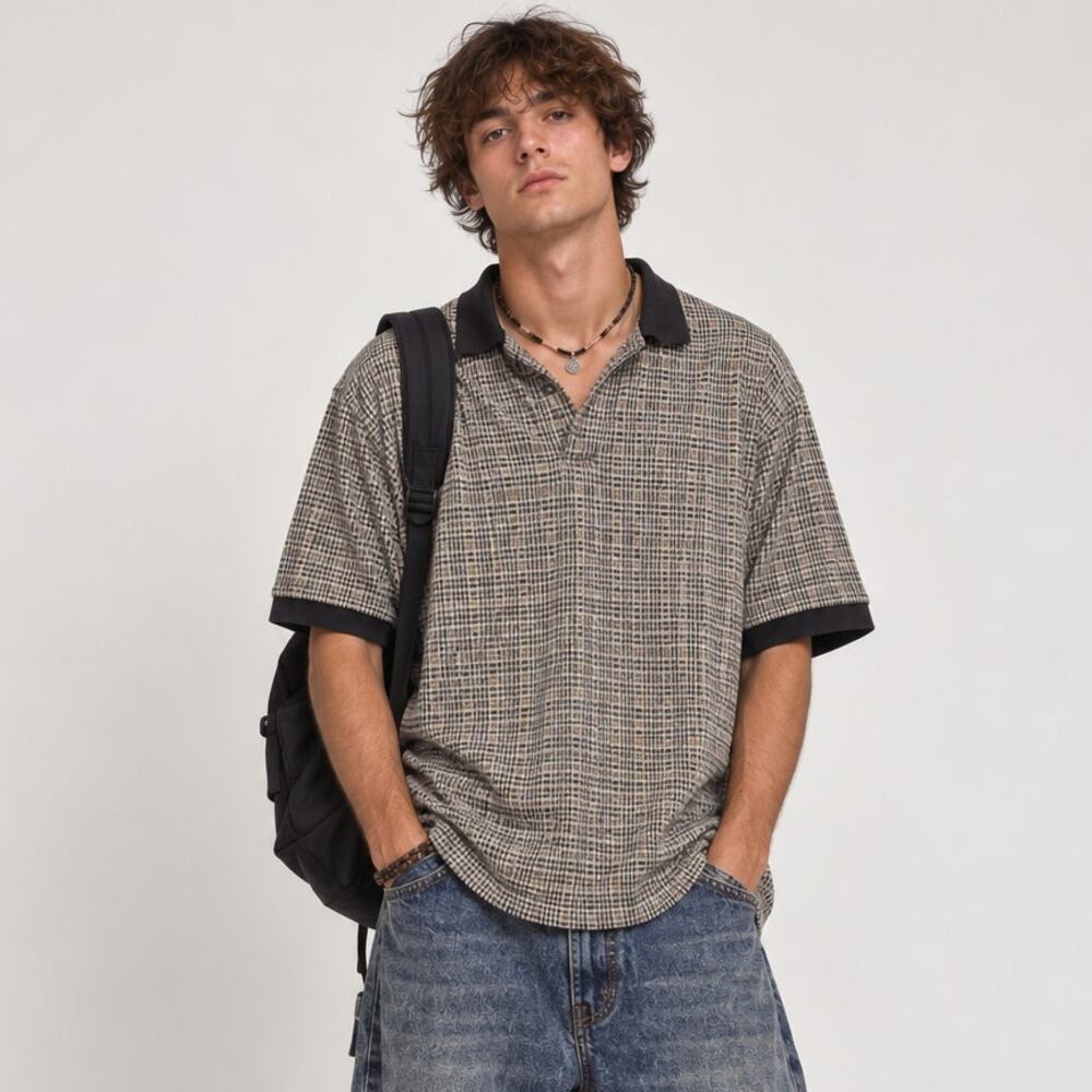 Vintage 90s Herringbone Plaid Polo Shirt Medium Short Sleeve Top Grunge Preppy